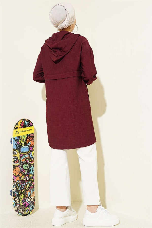 Hooded Mid-Length Coat with Zipper Detail, Burgundy