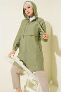 Hooded Zip-Detail Mid-Length Coat in Light Green