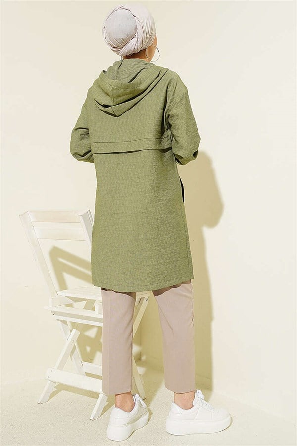 Hooded Zip-Detail Mid-Length Coat in Light Green