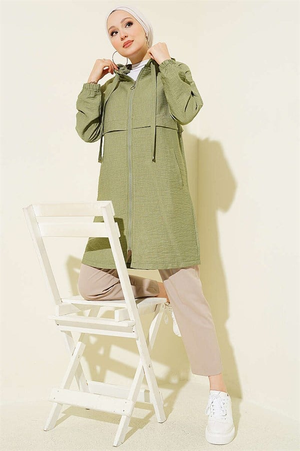 Hooded Zip-Detail Mid-Length Coat in Light Green