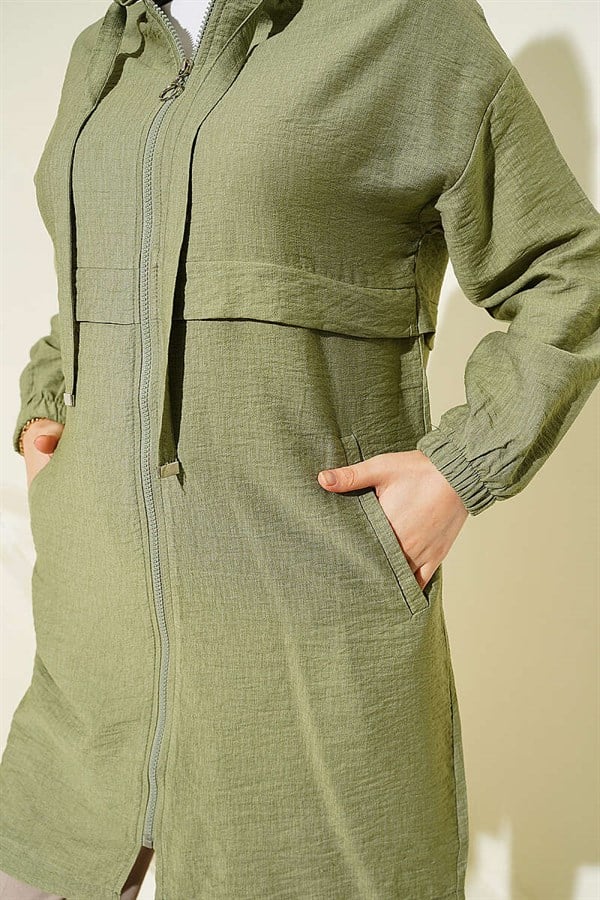 Hooded Zip-Detail Mid-Length Coat in Light Green