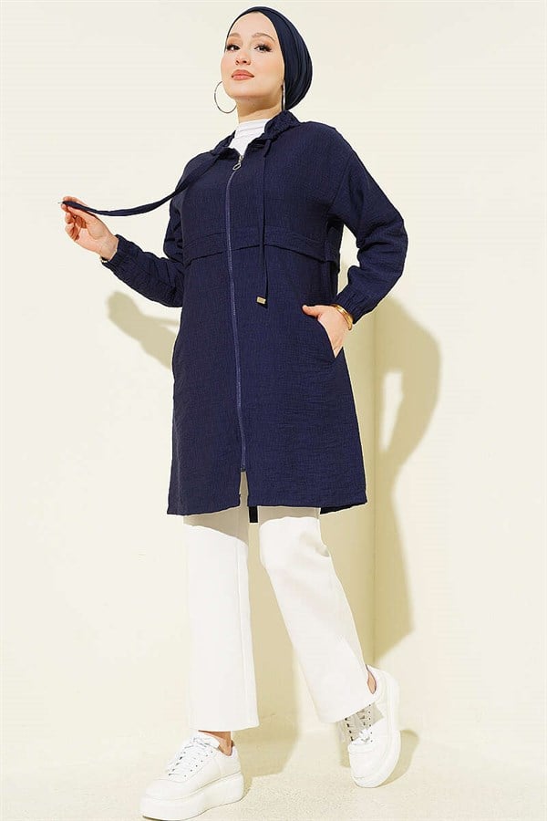 Hooded, Zip-Detail Mid-Length Coat, Dark Navy