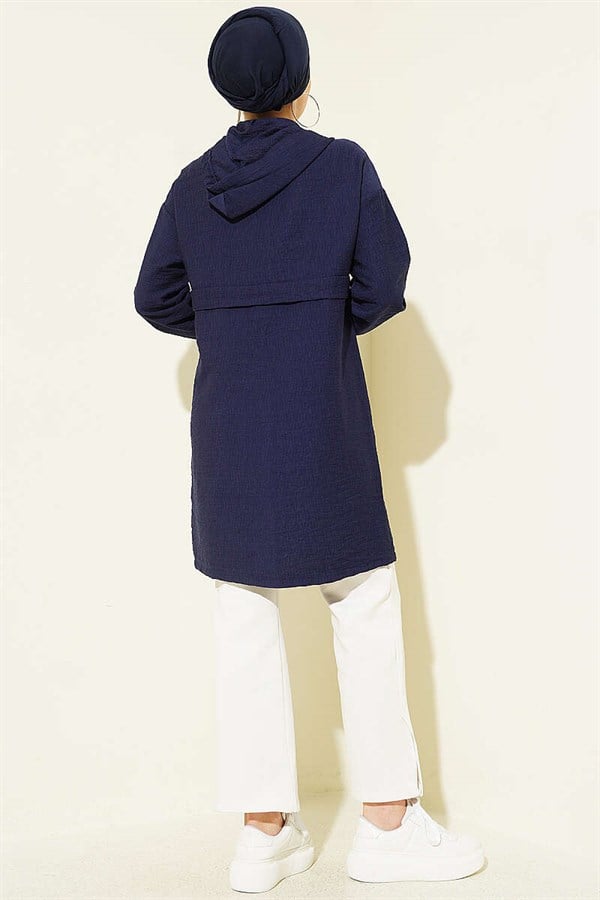 Hooded, Zip-Detail Mid-Length Coat, Dark Navy