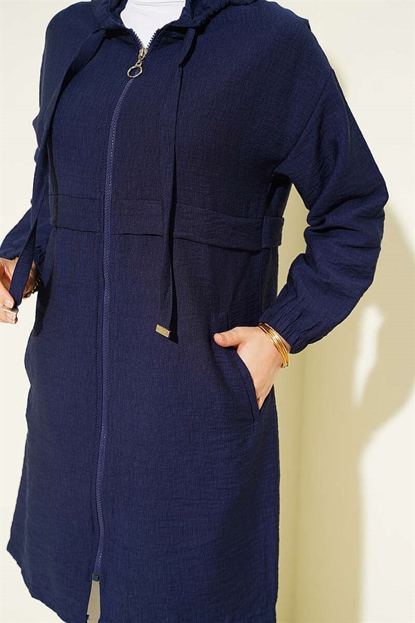 Hooded, Zip-Detail Mid-Length Coat, Dark Navy