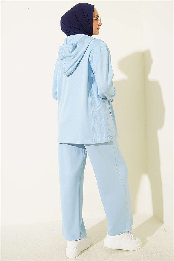 Hooded 2 Piece Set with Zipper Detail, Blue