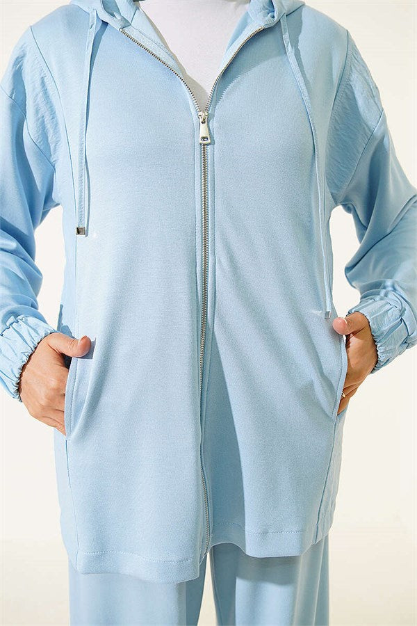 Hooded 2 Piece Set with Zipper Detail, Blue