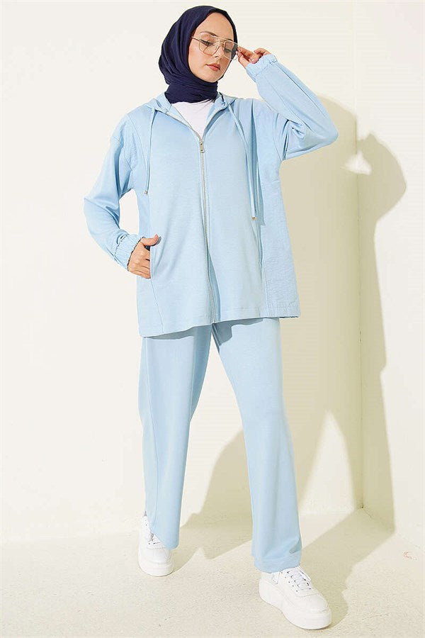 Hooded 2 Piece Set with Zipper Detail, Blue