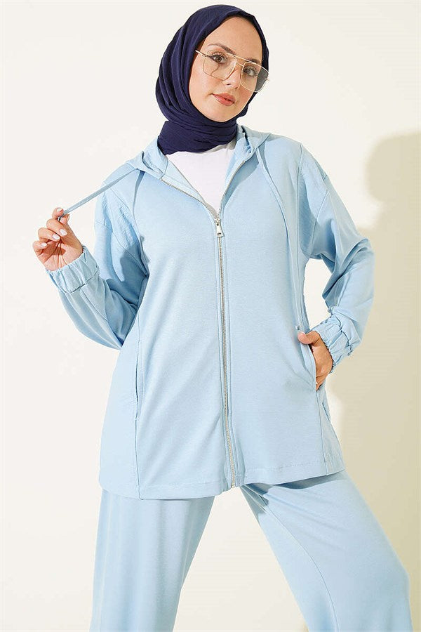 Hooded 2 Piece Set with Zipper Detail, Blue