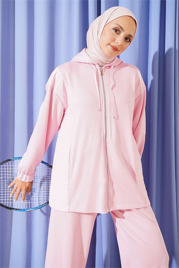 Hooded 2 Piece Set with Zipper Detail, Pink
