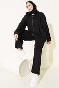 Hooded 2 Piece Set with Zipper Detail, Black