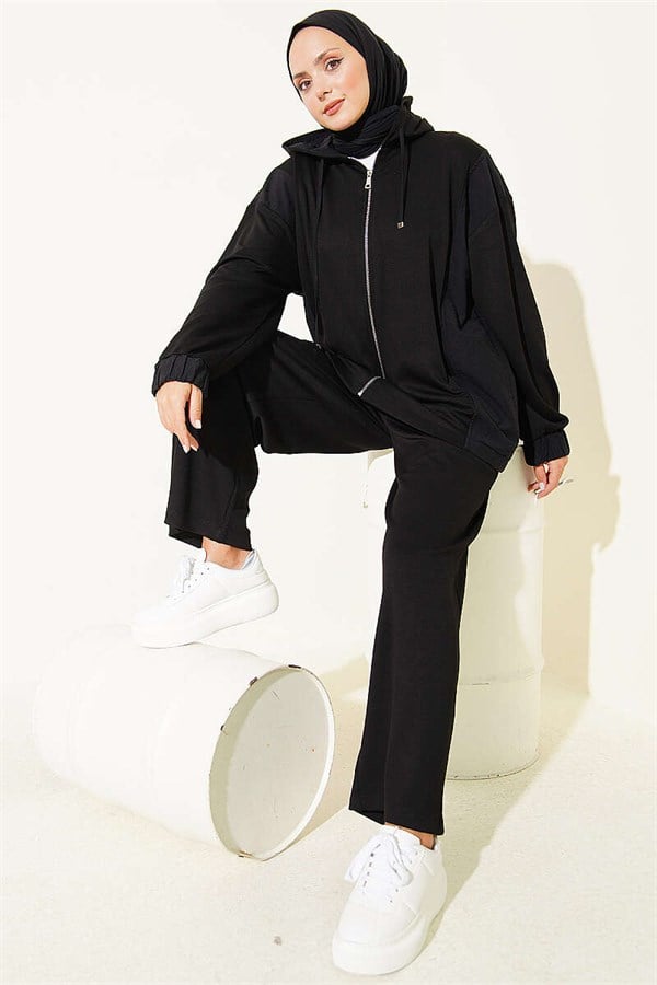 Hooded 2 Piece Set with Zipper Detail, Black