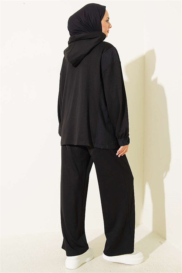 Hooded 2 Piece Set with Zipper Detail, Black