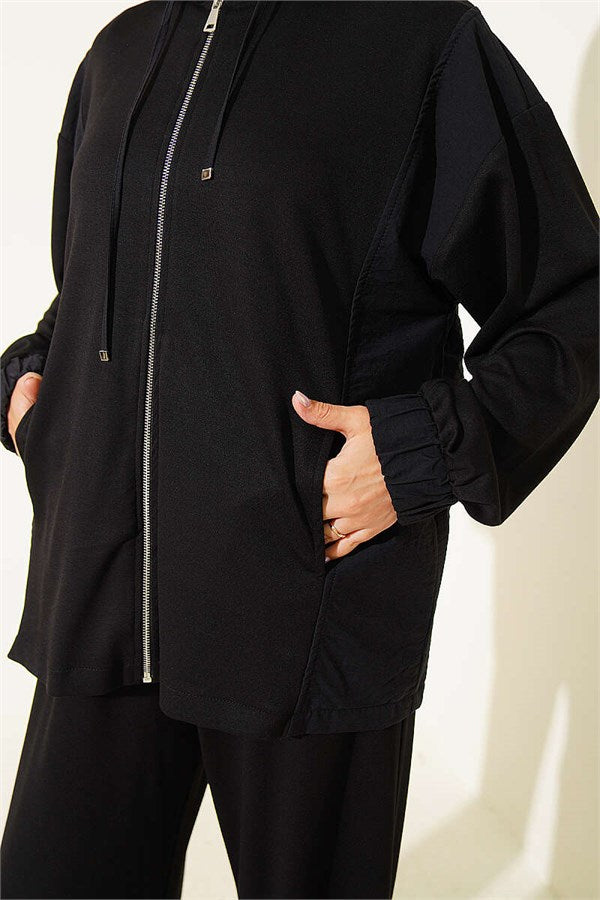 Hooded 2 Piece Set with Zipper Detail, Black