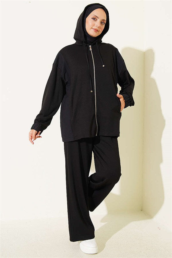 Hooded 2 Piece Set with Zipper Detail, Black