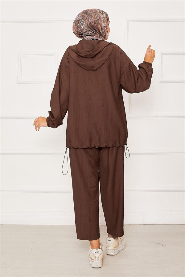 Hooded Zipper Detailed Casual 2 Piece Set Brown
