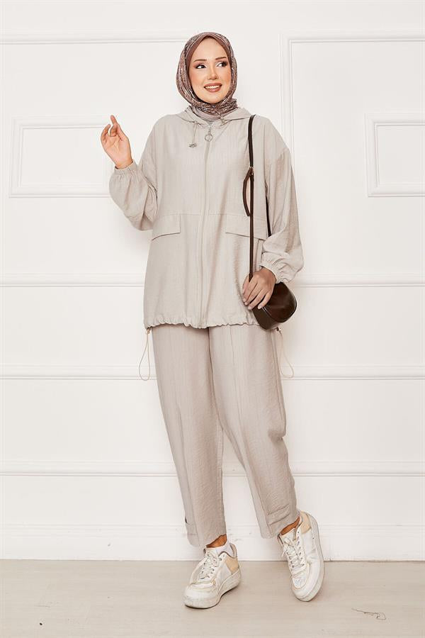 Hooded Zipper Detailed Casual 2 Piece Set Beige