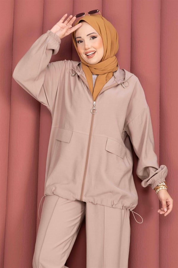Hooded, Zip-Detailed, Loose-Fitting 2 Piece Set in Mink Color