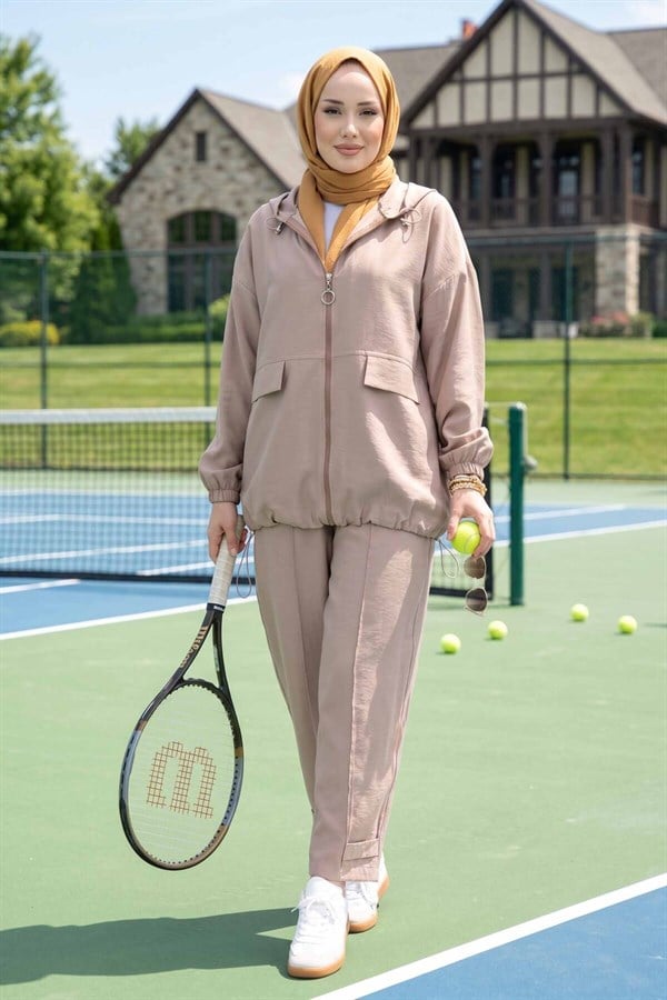 Hooded, Zip-Detailed, Loose-Fitting 2 Piece Set in Mink Color