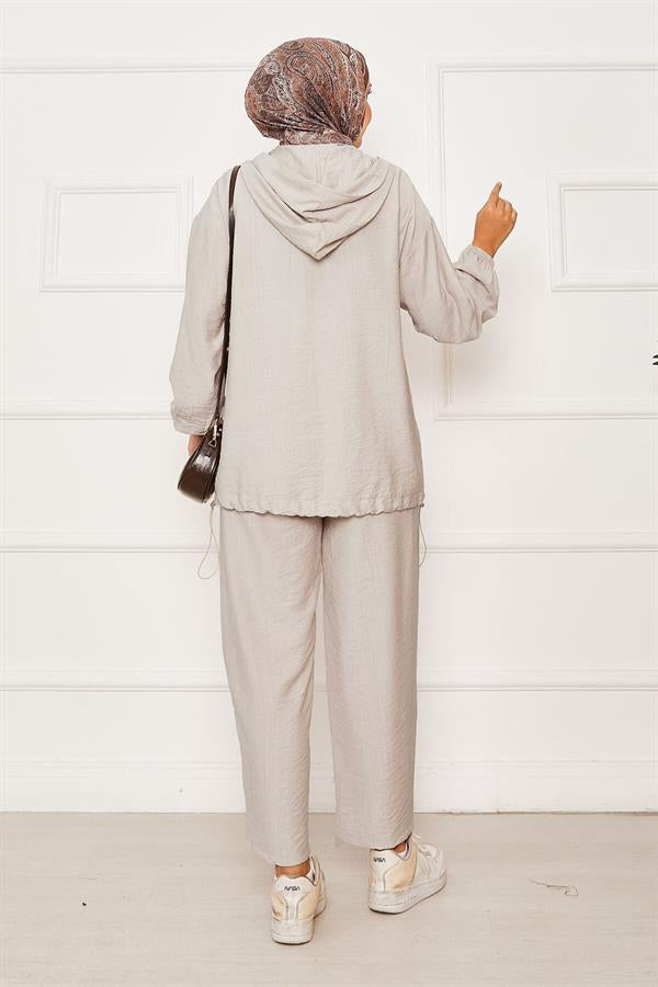 Hooded Zipper Detailed Casual 2 Piece Set Beige