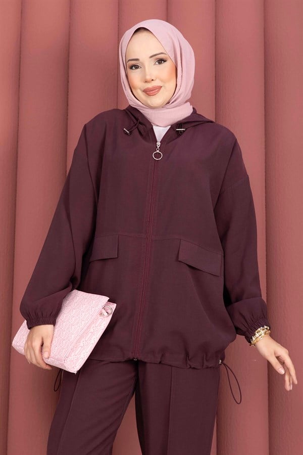 Hooded, Zip-Detailed, Loose-Fitting 2 Piece Set in Plum