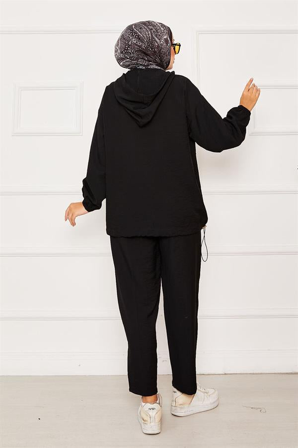 Hooded Zipper Detailed Casual 2 Piece Set Black
