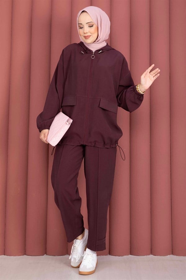 Hooded, Zip-Detailed, Loose-Fitting 2 Piece Set in Plum