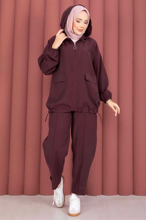 Hooded, Zip-Detailed, Loose-Fitting 2 Piece Set in Plum