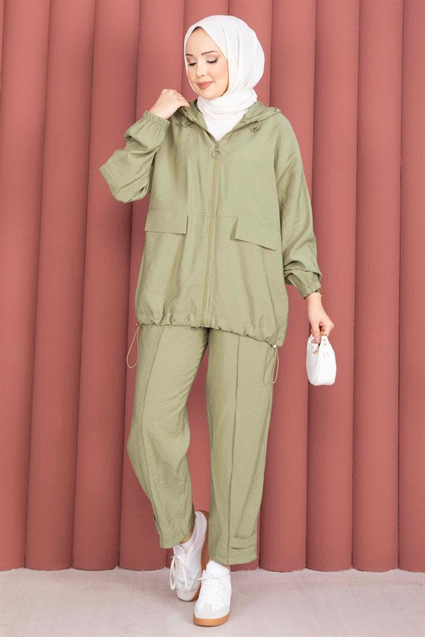 Hooded, Zip-Detailed, Loose-Fitting 2 Piece Set in Khaki