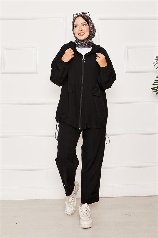 Hooded Zipper Detailed Casual 2 Piece Set Black