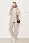 Hooded Zipper Detailed Casual 2 Piece Set Beige