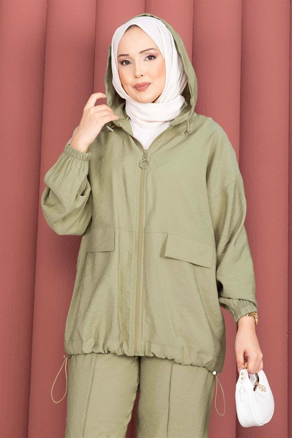 Hooded, Zip-Detailed, Loose-Fitting 2 Piece Set in Khaki