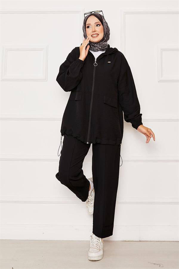 Hooded Zipper Detailed Casual 2 Piece Set Black