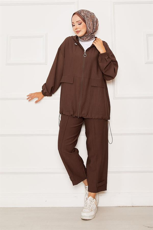 Hooded Zipper Detailed Casual 2 Piece Set Brown