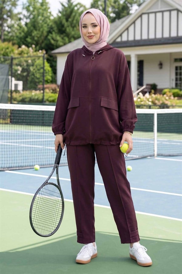 Hooded, Zip-Detailed, Loose-Fitting 2 Piece Set in Plum