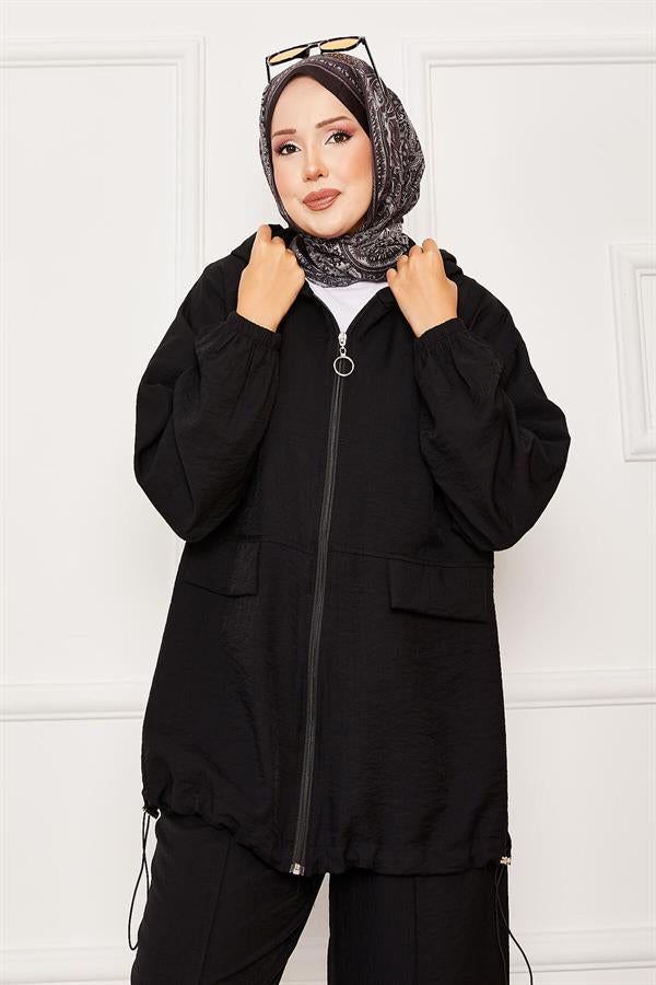 Hooded Zipper Detailed Casual 2 Piece Set Black