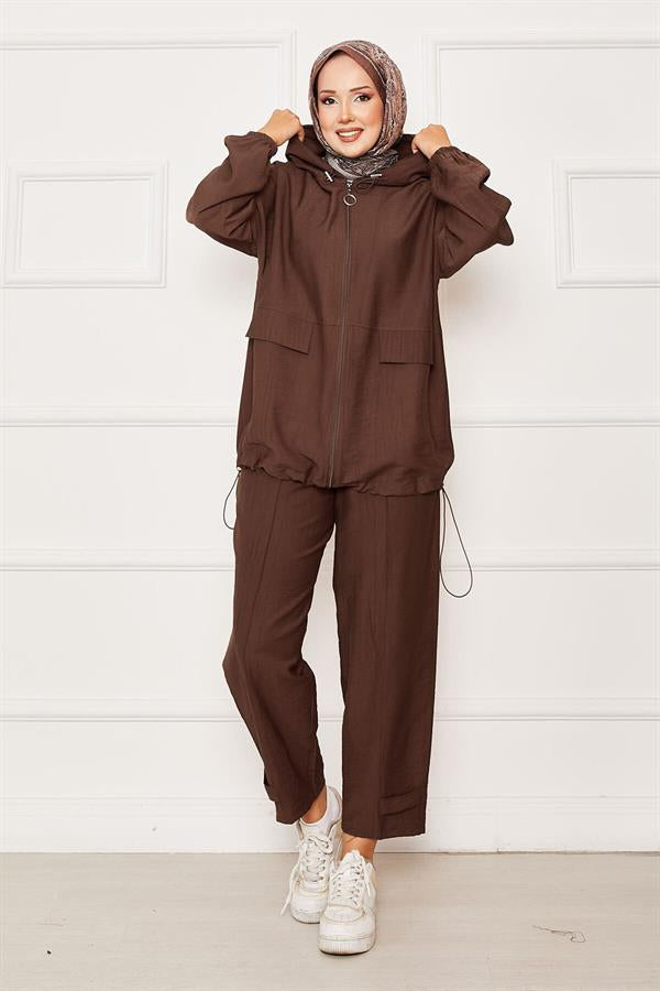 Hooded Zipper Detailed Casual 2 Piece Set Brown
