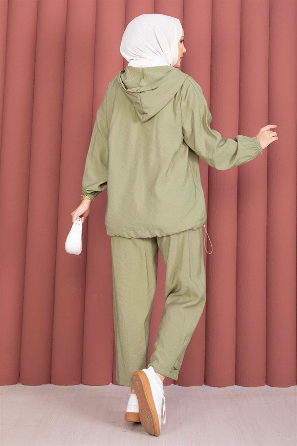 Hooded, Zip-Detailed, Loose-Fitting 2 Piece Set in Khaki