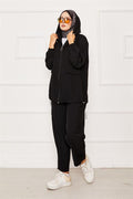 Hooded Zipper Detailed Casual 2 Piece Set Black