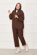 Hooded Zipper Detailed Casual 2 Piece Set Brown