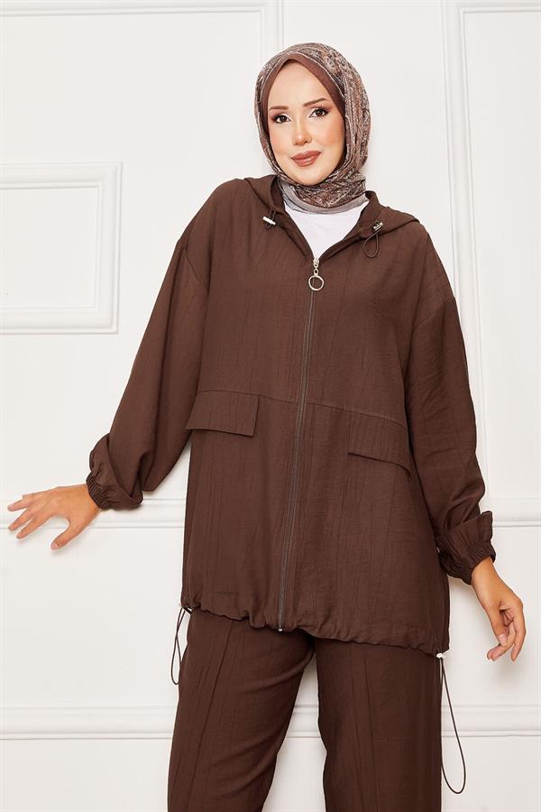 Hooded Zipper Detailed Casual 2 Piece Set Brown