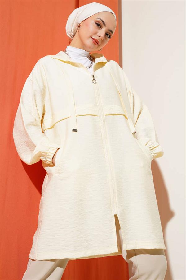 Hooded Zippered Arabboy Coat Ecru