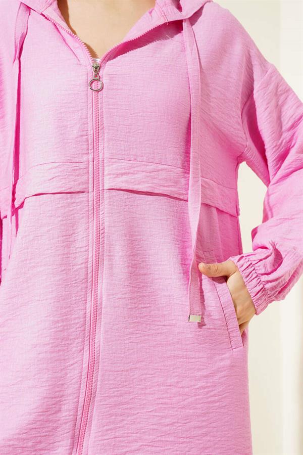 Hooded Zippered Arabboy Coat Pink