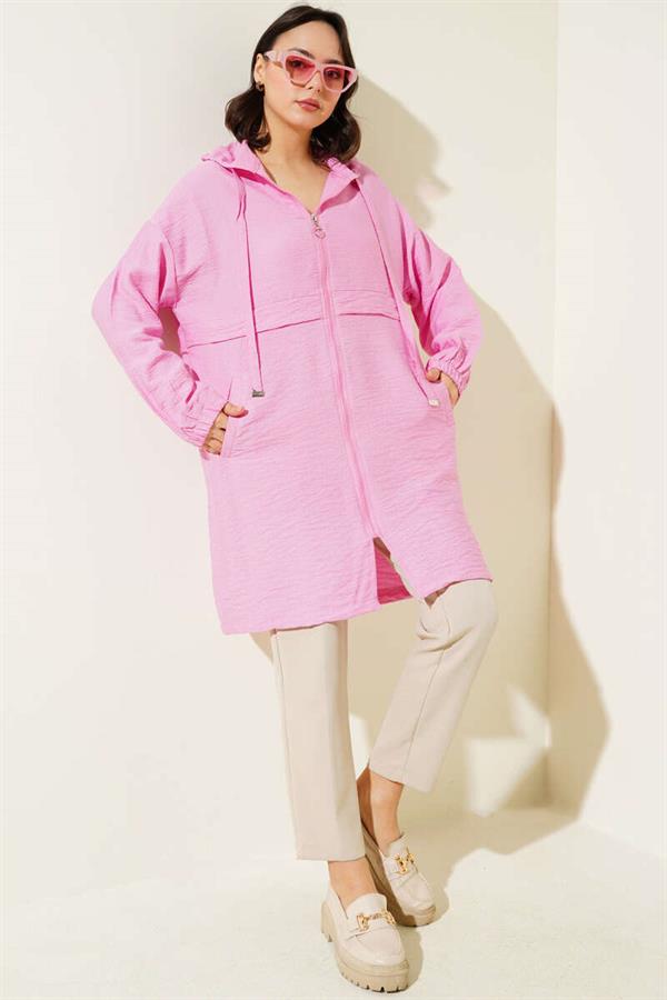 Hooded Zippered Arabboy Coat Pink