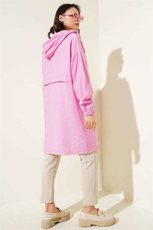 Hooded Zippered Arabboy Coat Pink