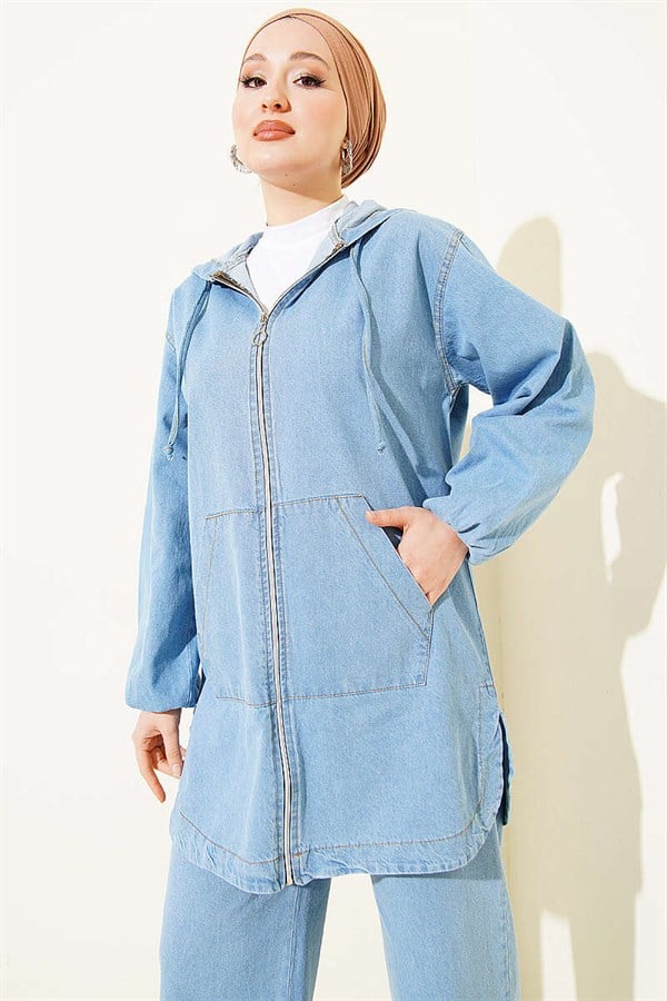 Hooded Denim 2 Piece Set with Zip-Up Pockets, Light Blue