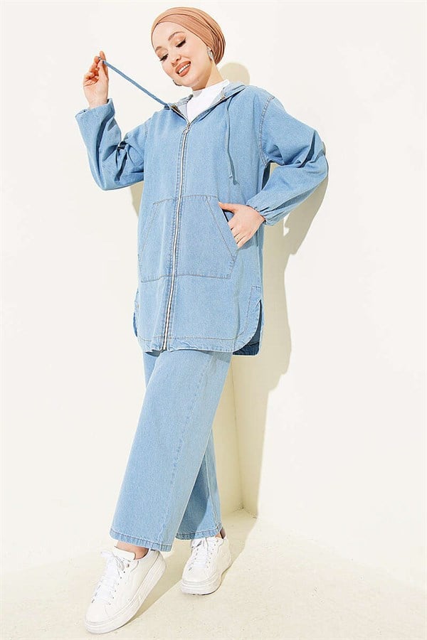 Hooded Denim 2 Piece Set with Zip-Up Pockets, Light Blue