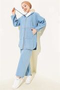 Hooded Denim 2 Piece Set with Zip-Up Pockets, Light Blue