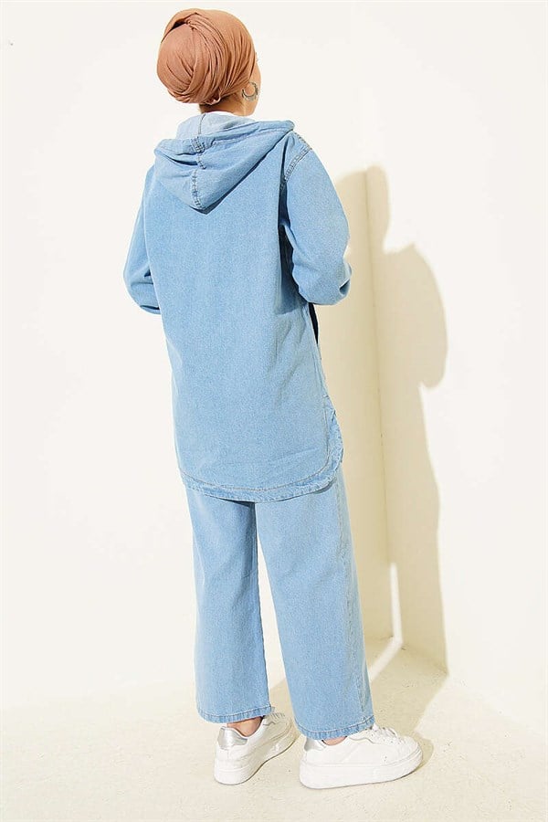 Hooded Denim 2 Piece Set with Zip-Up Pockets, Light Blue