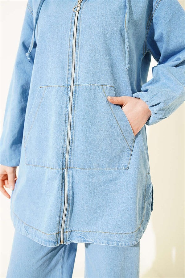 Hooded Denim 2 Piece Set with Zip-Up Pockets, Light Blue