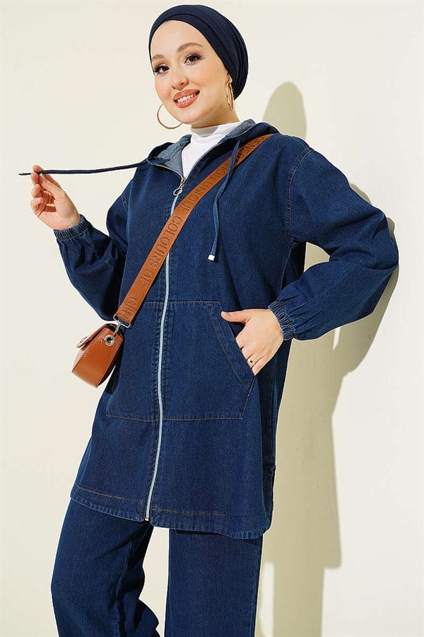 Hooded Denim Suit with Zip-Up Pockets, Dark Blue
